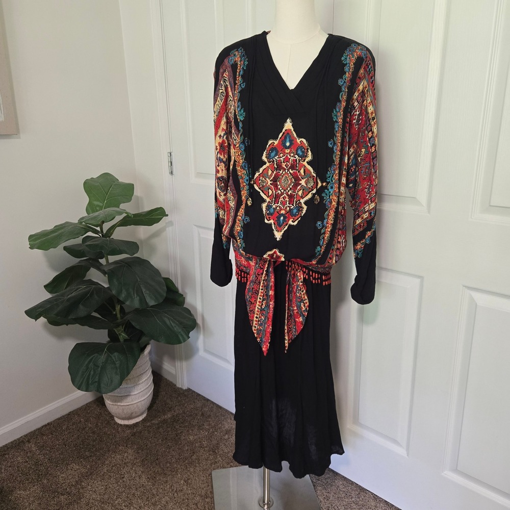 Carole Little Dress Womens 10 Black Multi Medallion Print Beaded Fringe‎ Vintage